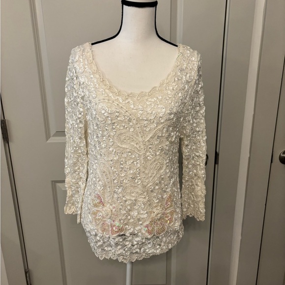 S.M. Collection Tops - Vintage white lace beaded long sleeve blouse size L